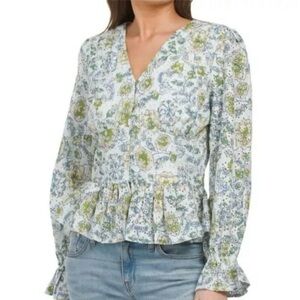7 For All Mankind Floral Cotton Eyelet Ruffle Peplum Long Sleeve Blouse Medium